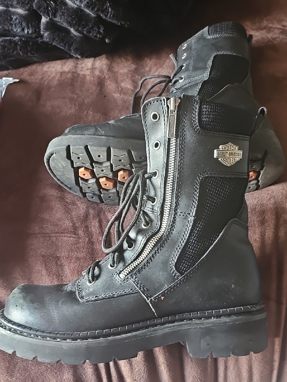 Harley-Davidson Black Leather Lace-Up Side-Zip Motorcycle Boots